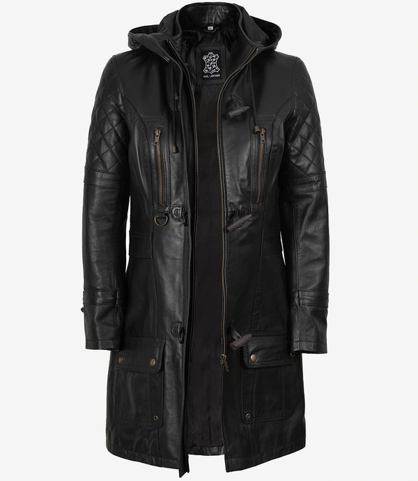 Manteau à capuche en cuir noir 3/4 pour femme 