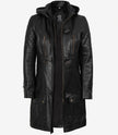 Manteau à capuche en cuir noir 3/4 pour femme 