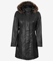 Women's Black Premium Leather Coat - Removable Fur Hood