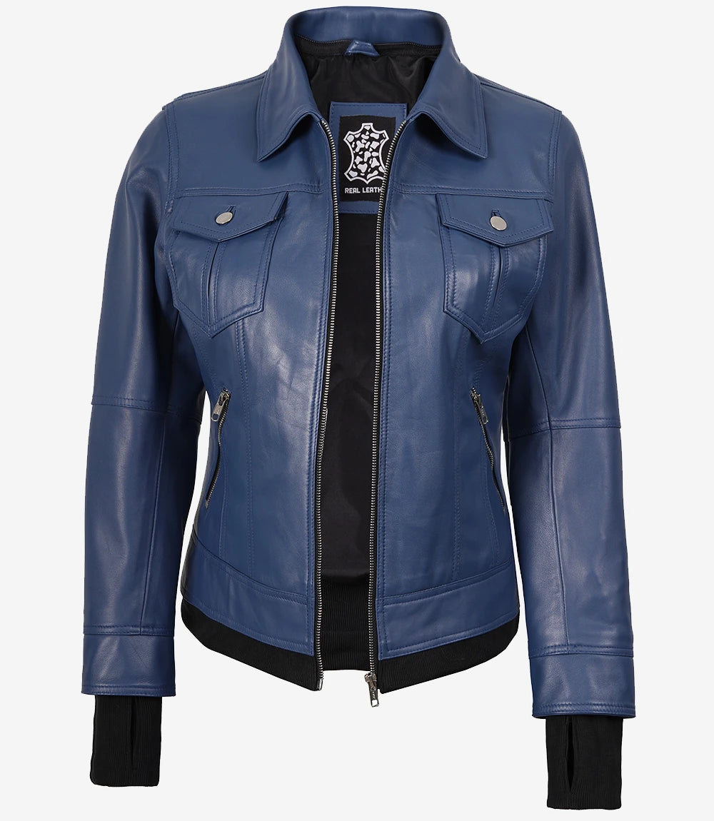 Blouson aviateur en cuir bleu pour femme avec capuche