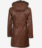 Manteau en cuir marron pour femme avec capuche amovible bordée de fourrure