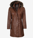 Manteau en cuir marron pour femme avec capuche amovible bordée de fourrure