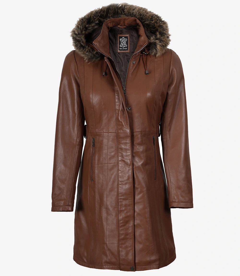 Manteau en cuir marron pour femme avec capuche amovible bordée de fourrure