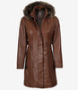Manteau en cuir marron pour femme avec capuche amovible bordée de fourrure