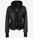 Blouson aviateur en cuir marron vieilli pour femme avec capuche amovible
