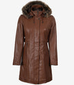 Manteau en cuir marron pour femme avec capuche amovible bordée de fourrure
