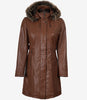 Manteau en cuir marron pour femme avec capuche amovible bordée de fourrure