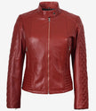 Veste motard matelassée rouge en cuir véritable pour femme