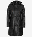 Manteau à capuche en cuir noir 3/4 pour femme 
