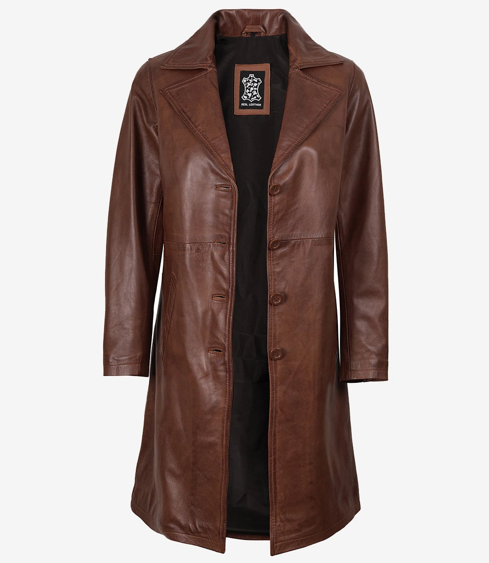 Long manteau en cuir cognac pour femme