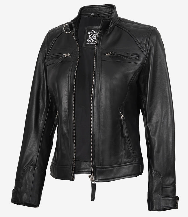 Veste en cuir matelassée noire style motard pour femme
