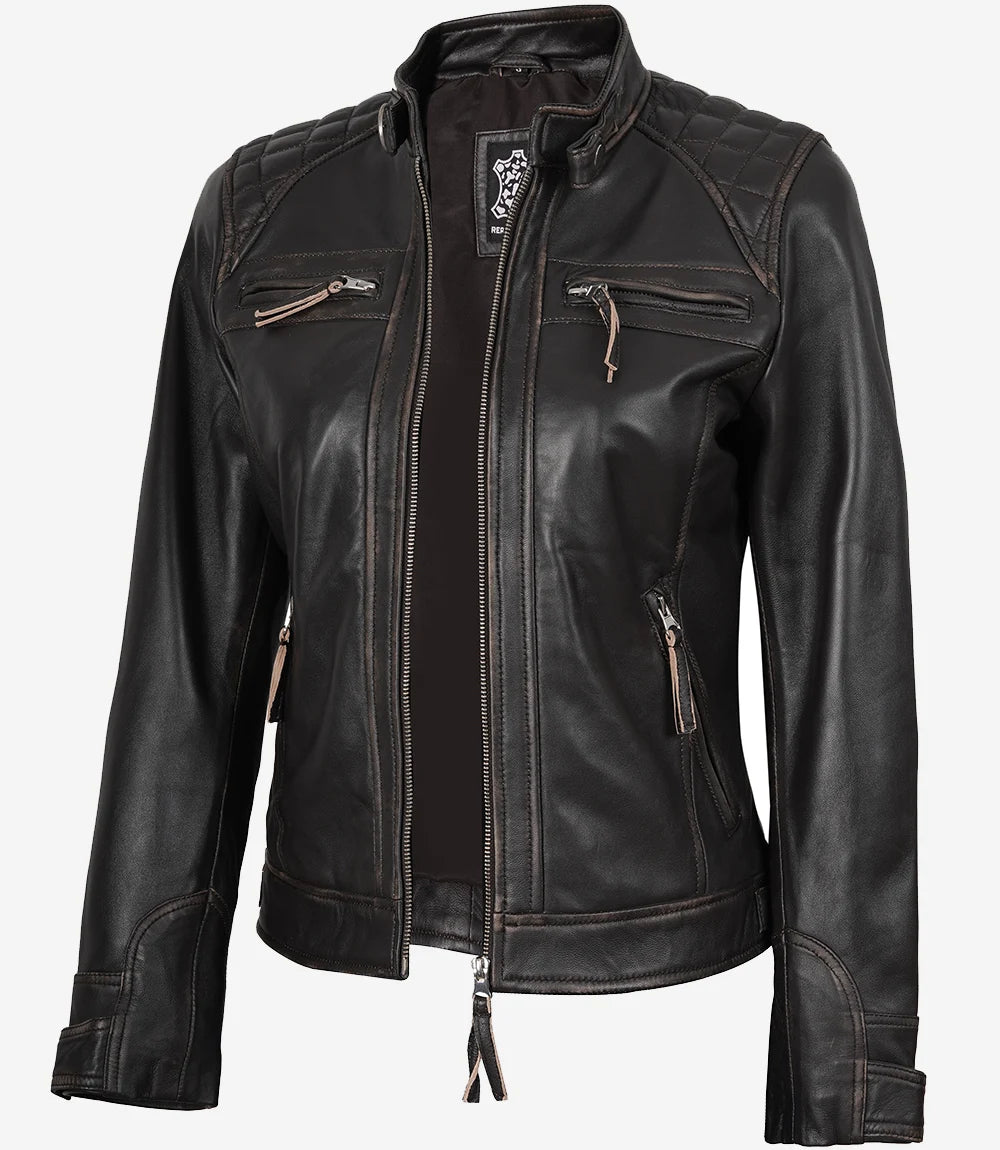 Veste style motard matelassée en cuir d'agneau véritable marron usé pour femme