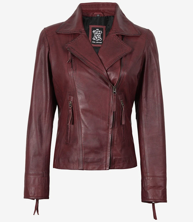 Veste motard bordeaux en cuir d'agneau véritable pour femme