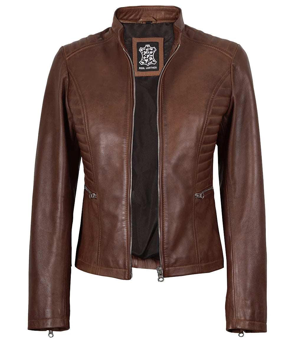 Veste de motard cirée en cuir véritable pour femme, couleur cognac