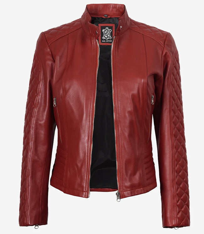 Veste motard matelassée rouge en cuir véritable pour femme