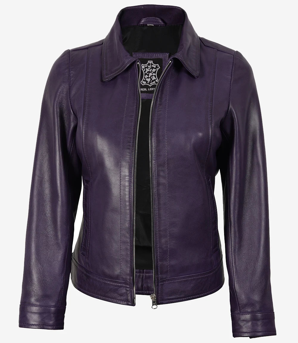 Veste en cuir violet à col chemise pour femme