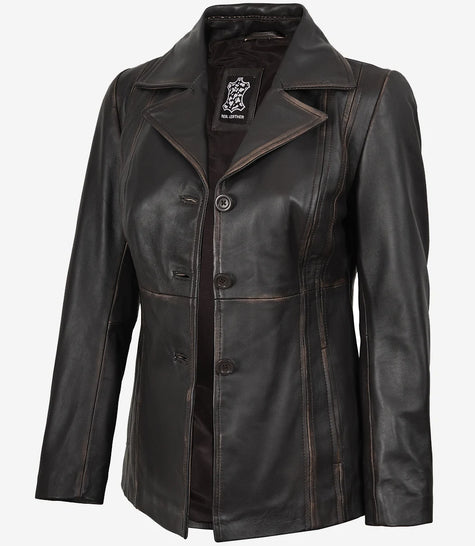 Blazer en cuir marron vieilli à trois boutons pour femme