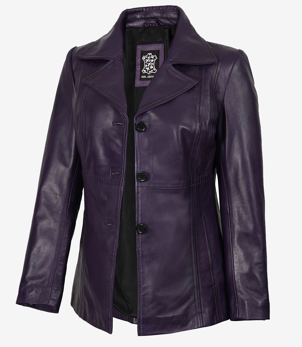 Blazer en cuir violet à trois boutons pour femme