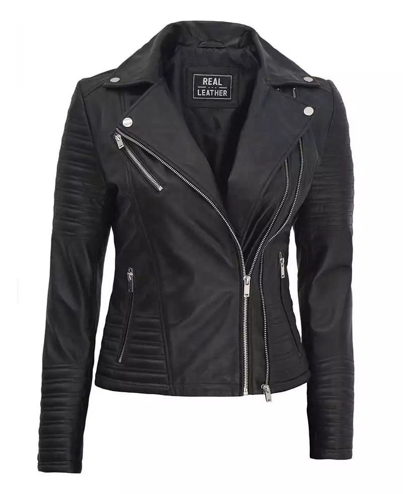Womens Black Asymmetrical Biker Leather Jacket