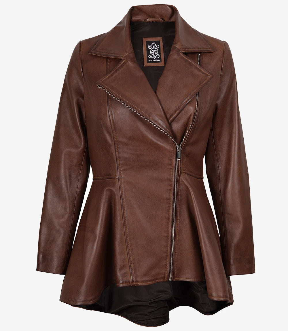 Veste en cuir à basque asymétrique cognac pour femme