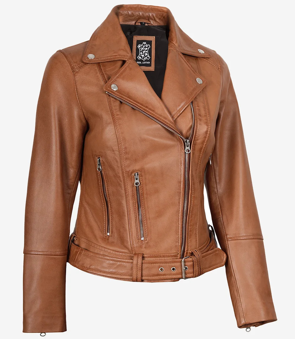 Veste asymétrique ceinturée en cuir couleur tan pour femm