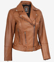 Veste asymétrique en cuir beige avec ceinture pour femme
