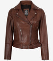 Veste asymétrique en cuir cognac pour femme - Ceinture à la taille 