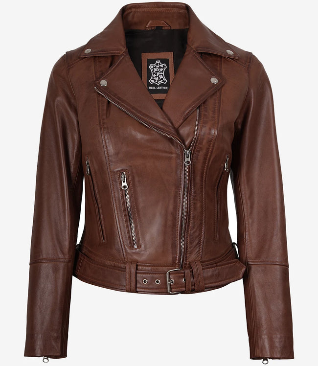 Veste asymétrique en cuir cognac pour femme - Ceinture à la taille 
