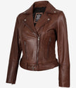 Veste asymétrique en cuir cognac pour femme - Ceinture à la taille 