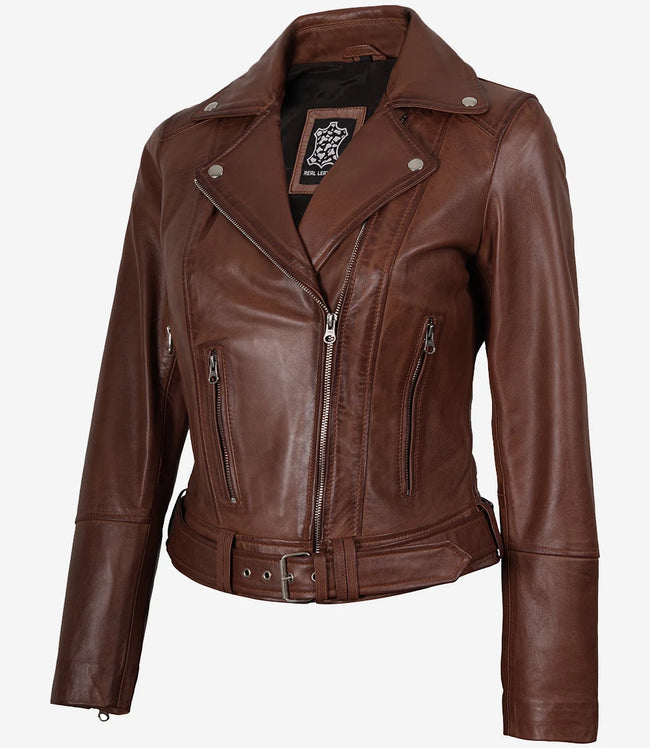Veste asymétrique en cuir cognac pour femme - Ceinture à la taille 
