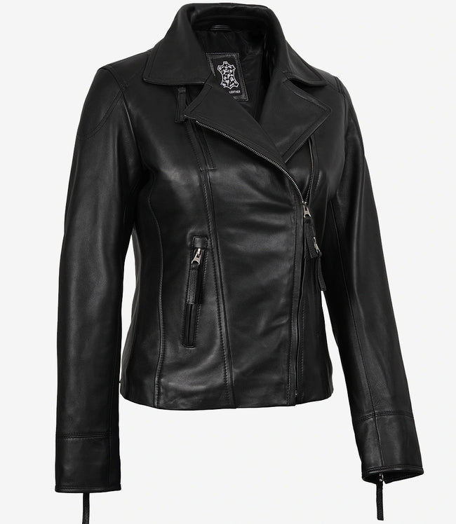 Veste de motard asymétrique en cuir noir pour femme Ramsey