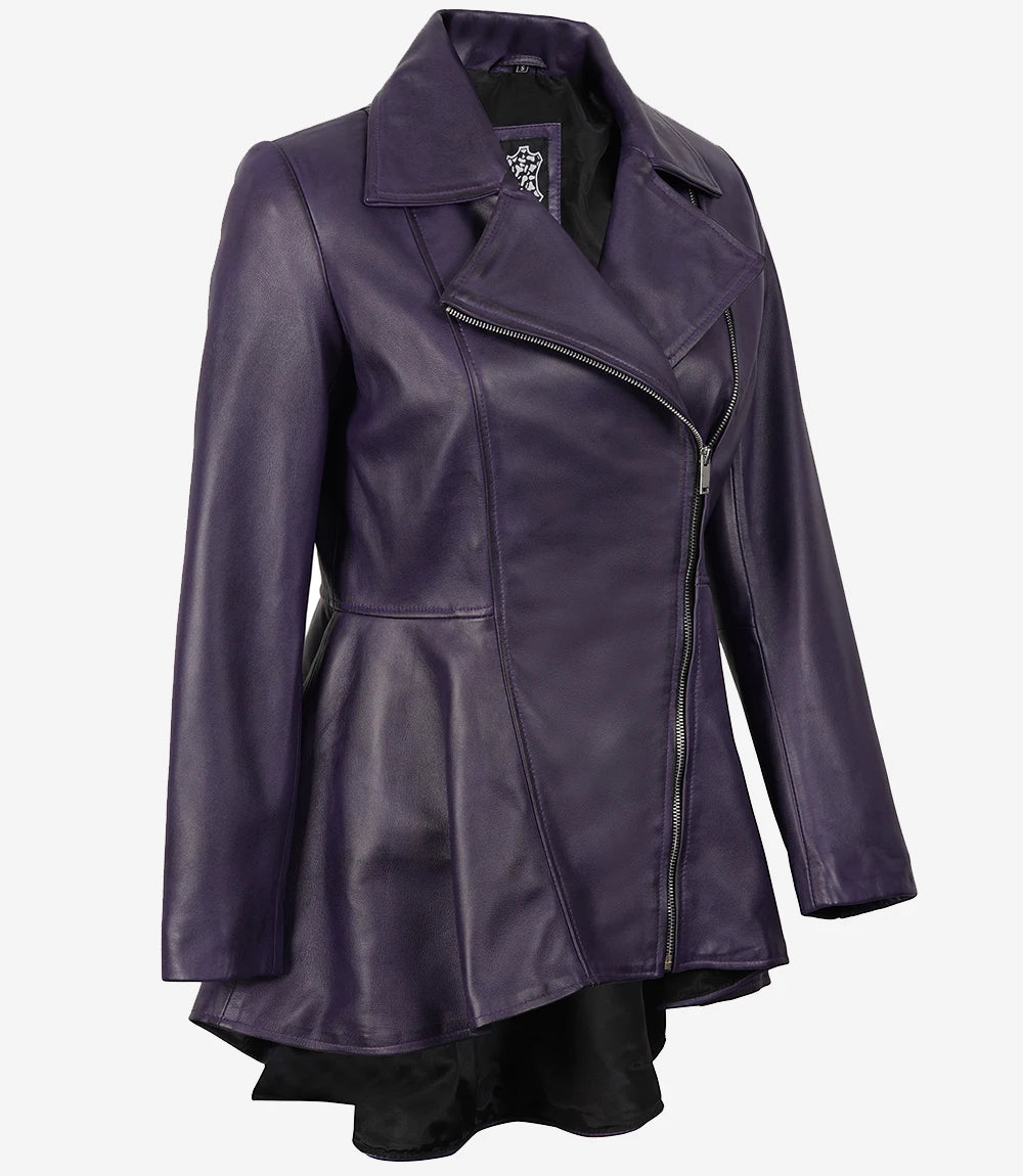 Veste péplum asymétrique en cuir violet pour femme