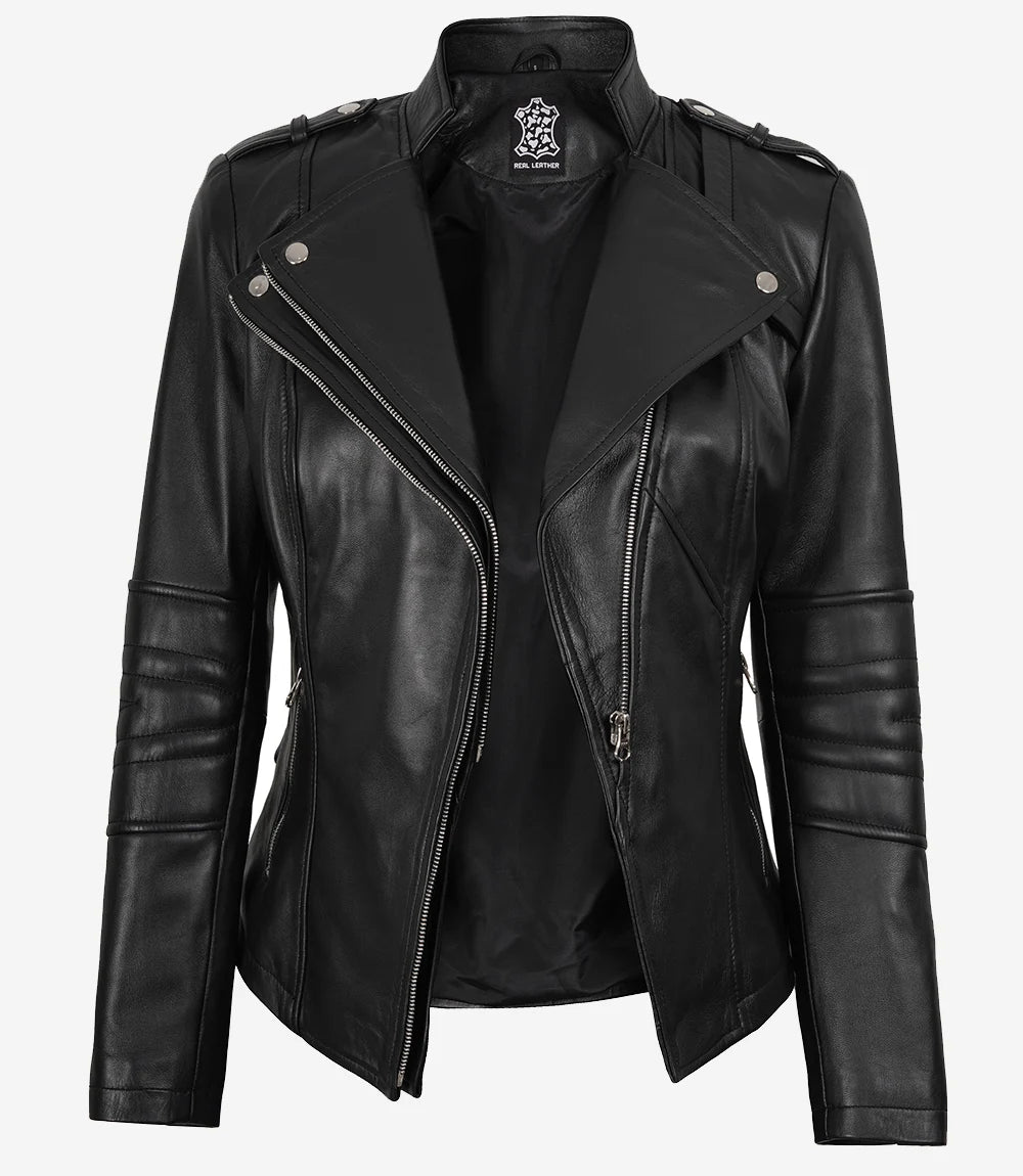 Veste style motard en cuir d'agneau noir pour femme