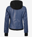 Blouson aviateur en cuir bleu pour femme avec capuche