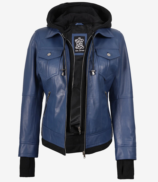 Blouson aviateur en cuir bleu pour femme avec capuche