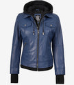 Blouson aviateur en cuir bleu pour femme avec capuche