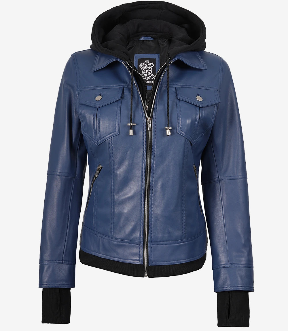 Blouson aviateur en cuir bleu pour femme avec capuche
