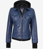 Blouson aviateur en cuir bleu pour femme avec capuche