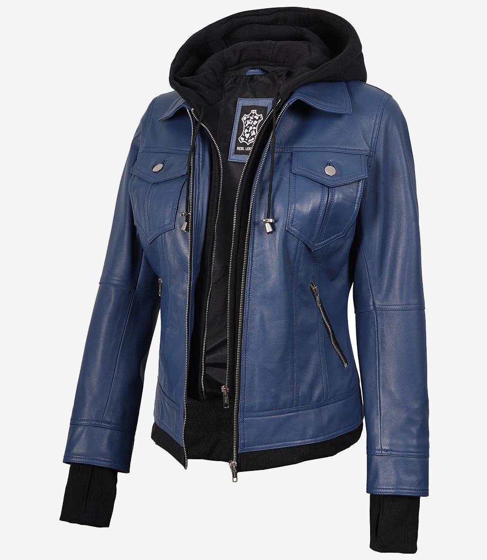 Blouson aviateur en cuir bleu pour femme avec capuche