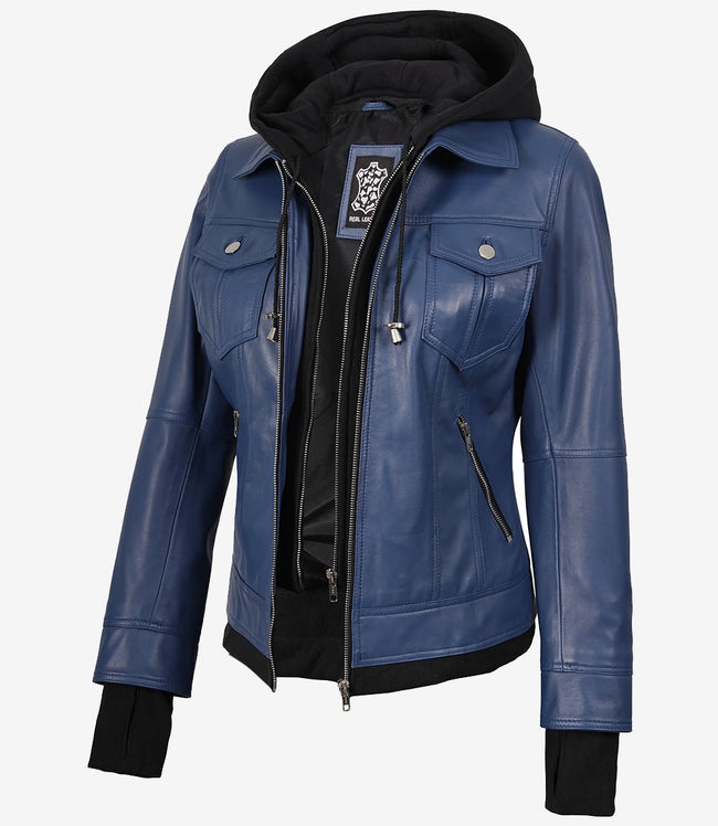 Blouson aviateur en cuir bleu pour femme avec capuche