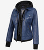 Blouson aviateur en cuir bleu pour femme avec capuche