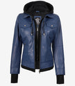 Blouson aviateur en cuir bleu pour femme avec capuche