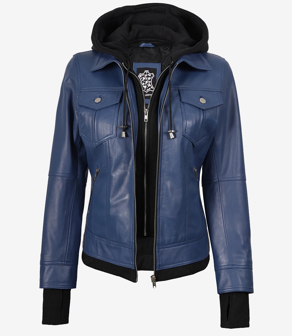 Blouson aviateur en cuir bleu pour femme avec capuche