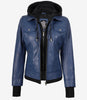 Blouson aviateur en cuir bleu pour femme avec capuche