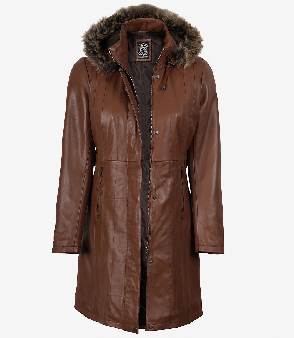 Manteau en cuir marron pour femme avec capuche amovible bordée de fourrure