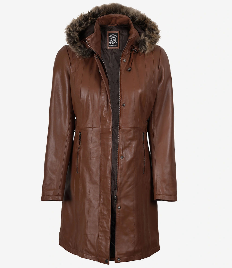 Manteau en cuir marron pour femme avec capuche amovible bordée de fourrure