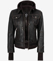 Blouson aviateur en cuir marron vieilli pour femme avec capuche amovible