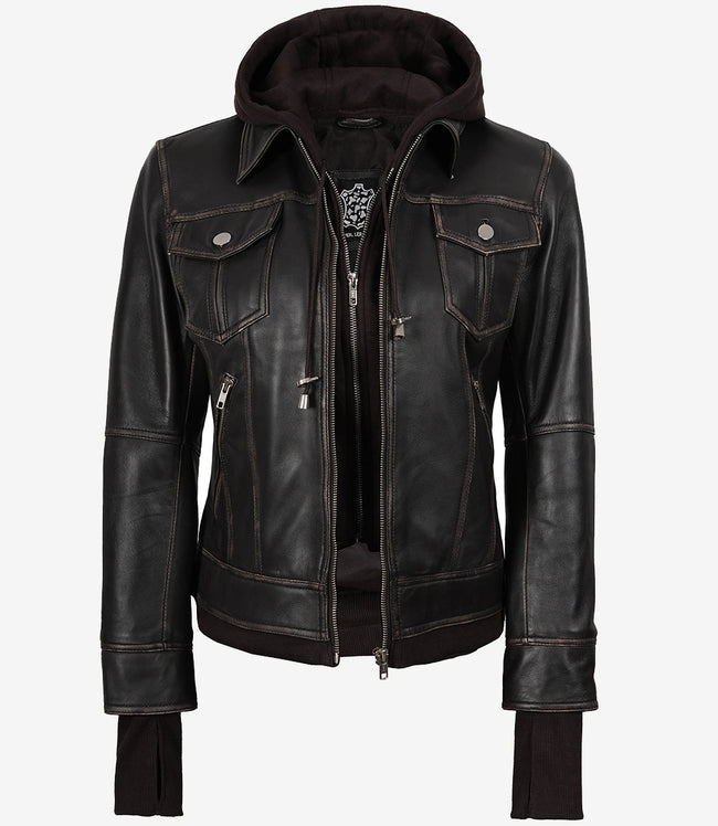 Blouson aviateur en cuir marron vieilli pour femme avec capuche amovible