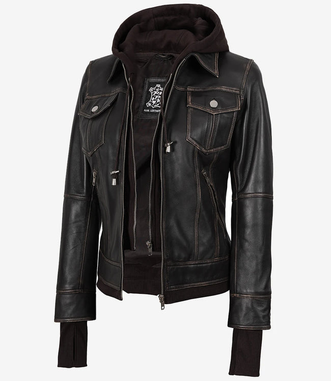 Blouson aviateur en cuir marron vieilli pour femme avec capuche amovible