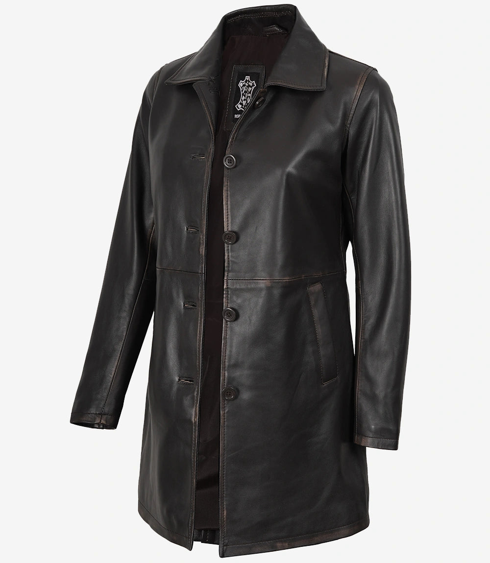 Manteau 3/4 en cuir véritable marron vieilli pour femme